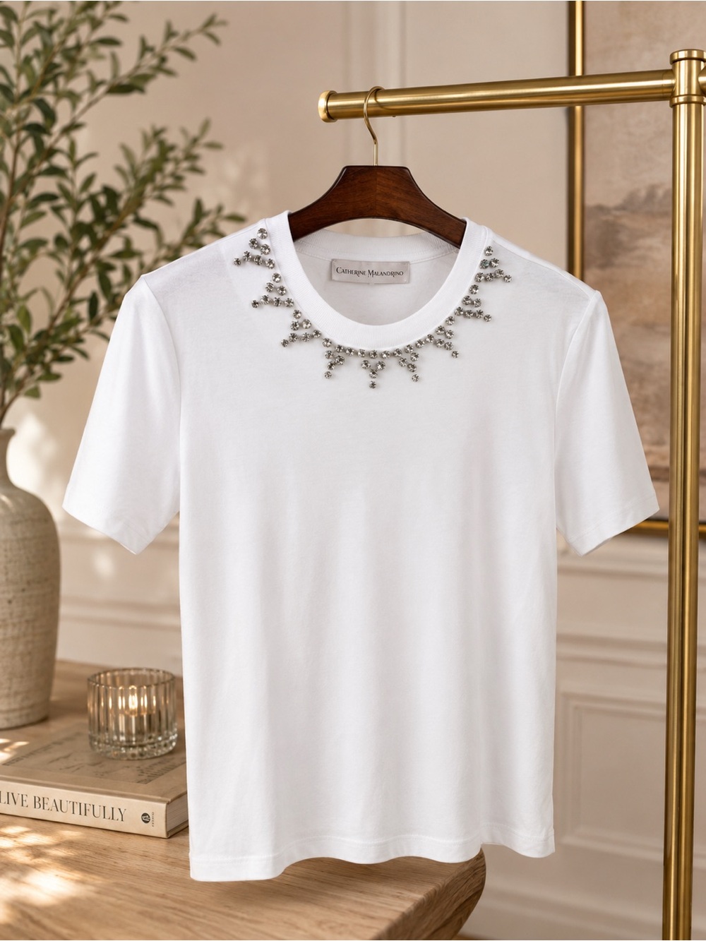 Catherine Malandrino White Short-Sleeve Tee with Jeweled Neckline